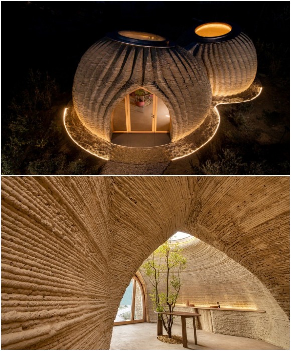 Футуристический внешний вид и нетривиальный дизайн интерьера подчеркивает экологичность 3D-печатного дома (Tecla, Италия).