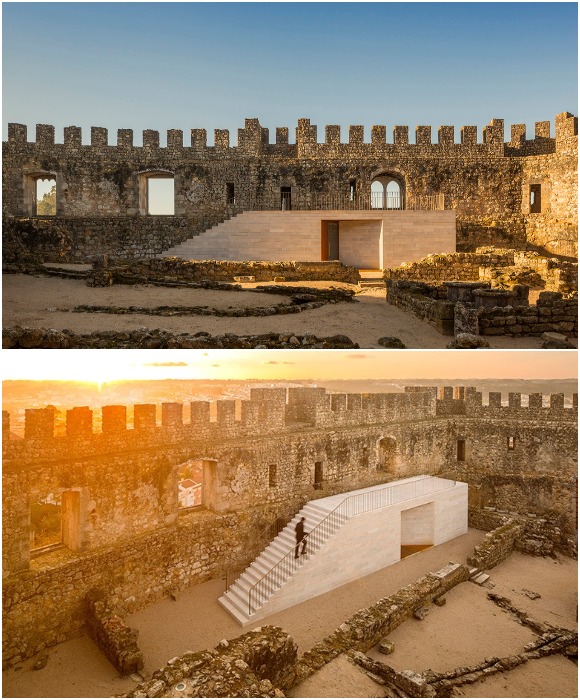 А ждет их современный демонстрационный павильон, который пытались гармонично интегрировать в памятник архитектуры (Castelo de Pombal, Португалия).