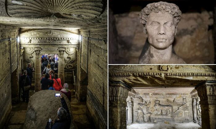 Катакомбы состоят из трех уровней, мастерски высеченных в твердой породе (Catacombs of Kom ash-Shuqqafa, Александрия). 