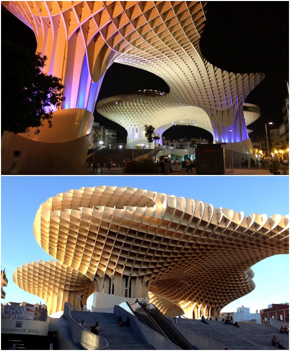 Деревянный архитектурный объект «Грибы Энкарнасьона» является многофункциональным комплексом, привлекающим и местных жителей, и многочисленных туристов (Севилья, Испания).