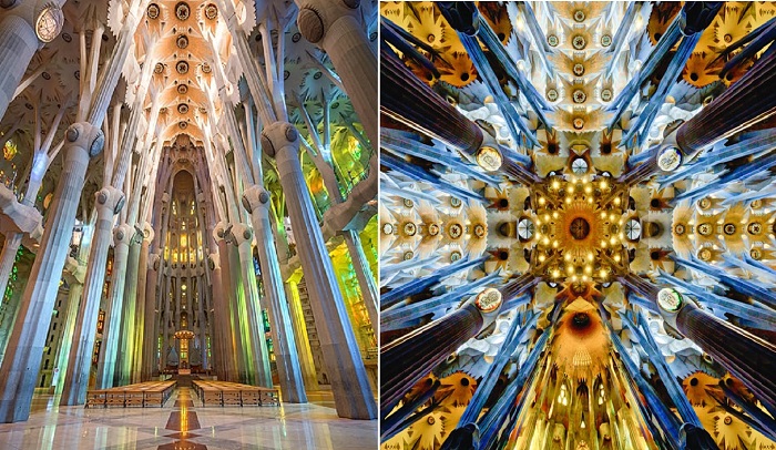 Сюрреалистичные интерьеры впечатляют не меньше, чем сами формы уникального архитектурного шедевра (Искупительный храм Святого Семейства, Барселона). 