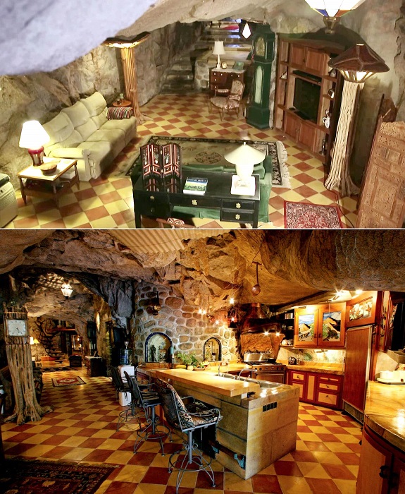 В необычном доме решили сохранить пещерную эстетику, добавив лишь небольшие штрихи для удобства жизни (The Cave House Bisbee, США).