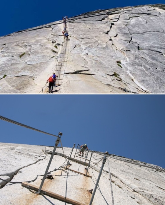 Два натянутых троса позволяют подняться на вершину скалы без использования альпинистского снаряжения, но все равно нужно быть бесстрашным и хорошо подготовленным энтузиастом (The Half Dome cables, США).