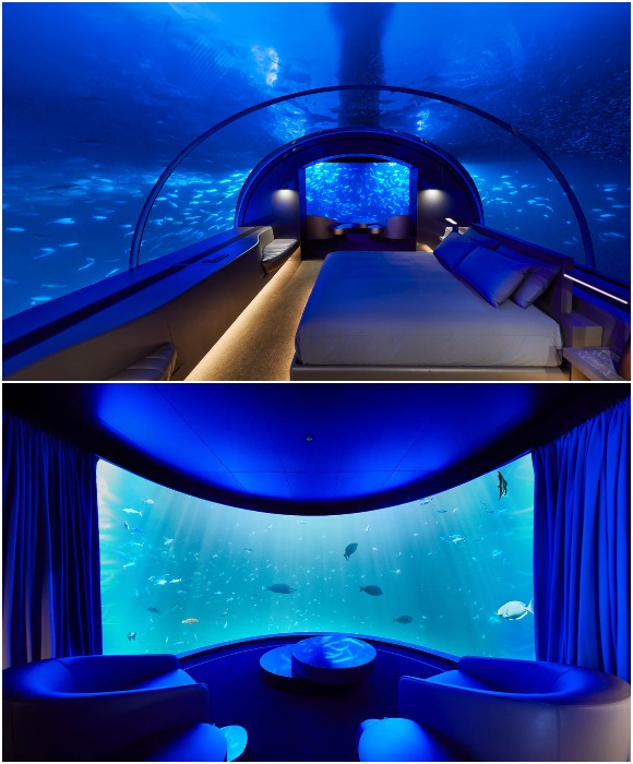 Подводная спальня и гостиная вилы The Muraka на Мальдивах.