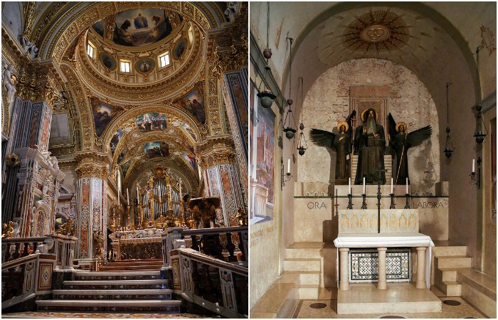 Помпезный интерьер главного собора после реконструкции соответствует стилю XVII-XVIII вв., единственное, фрески не стали восстанавливать (Аббатство Монте-Кассино, Италия).