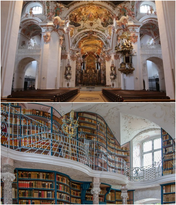 Барочный стиль можно увидеть и в оформлении внутреннего пространства собора, и одной из древнейших библиотек Европы (Kloster Einsiedeln, Швейцария).  