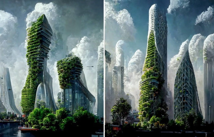 Небоскребы в городе будущего будут не только экологически чистыми и устойчивыми, но и эстетически привлекательными (концепт AI x Future Cities).