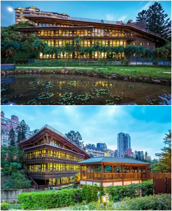 Обилие натуральных материалов и внедрение инновационных систем позволило создать самодостаточный культурный объект (Beitou Public Library, Тайбэй).