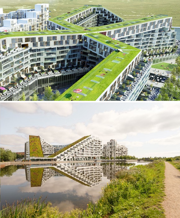 Крыша 8 House стала необычным общественным пространством в окружении зеленых лужаек (Копенгаген, Дания). 