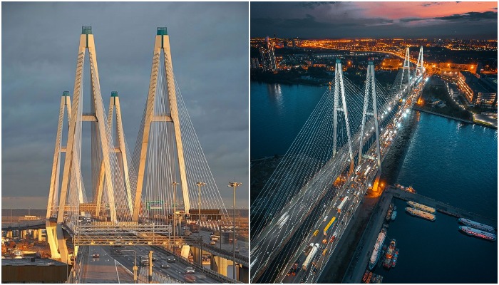 Главным украшением Большого Обуховского моста стали 120-метровой высоты пилоны с натянутыми тросами и эффектная иллюминация (Санкт-Петербург). 