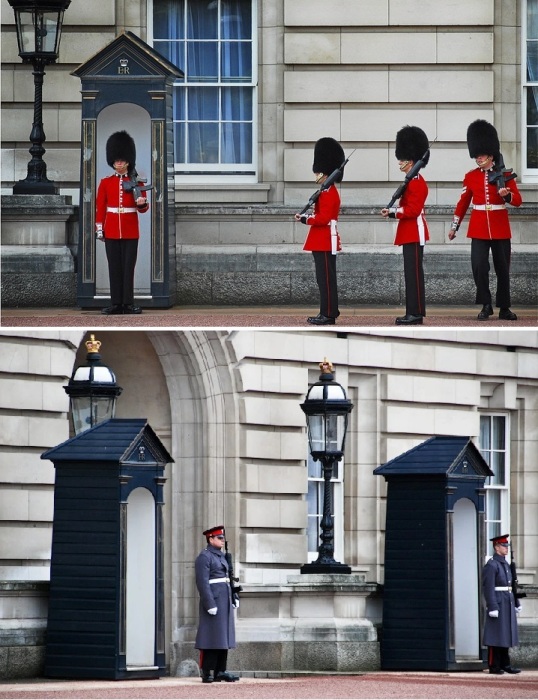 Огромный штат охраны из числа Королевской гвардии обеспечивает безопасность в Букингемском дворце (Лондон, Великобритания). 