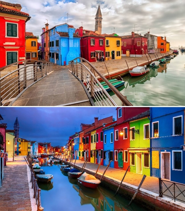 Дома на острове Бурано раскрашены в яркие цвета и выглядят как игрушечные (Италия).