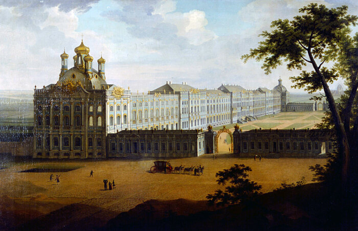 Вид Большого дворца со стороны церкви (картина Баризьена Гартмана, 17601761 гг.). | Фото: hellopiter.ru.