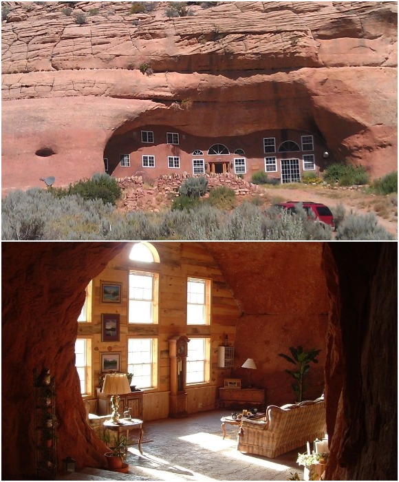 Необычный загородный дом, спрятанный в скале, является идеальным местом для уединенного отдыха (Cave Palace, штат Юта). 