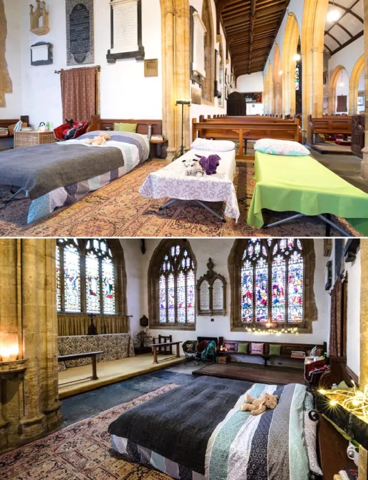 Теперь в главном зале церкви Всех Святых может переночевать группа туристов (Лэнгпорт, графство Сомерсет).