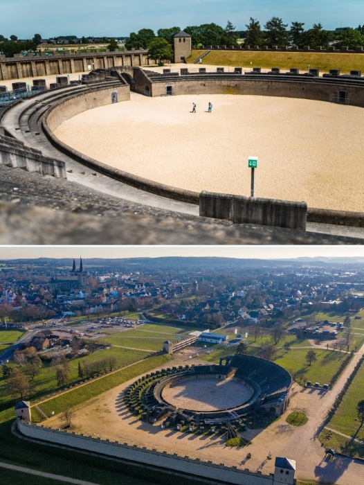 Руины масштабного амфитеатра, где устраивались зрелищные представления на круглой арене (Archaologischer Park Xanten, Германия).