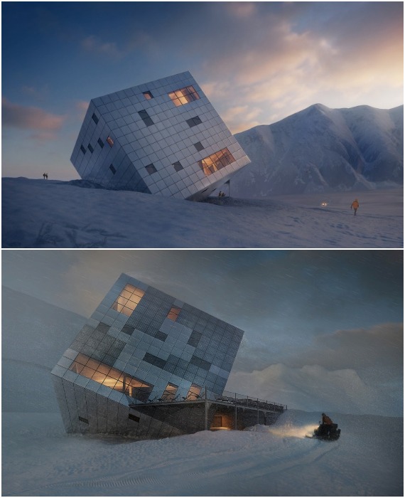 Бликующие грани кубического строения сливаются с окружающей картиной заснеженных гор (Cuboidal Mountain Hut, Словакия).