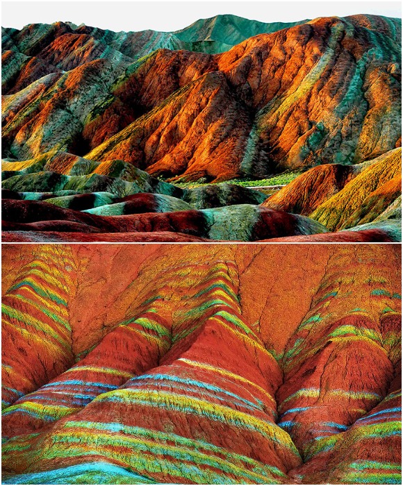 Прогулки среди разноцветных скал привлекает большое количество туристов (Zhangye Danxia Landform, Китай).