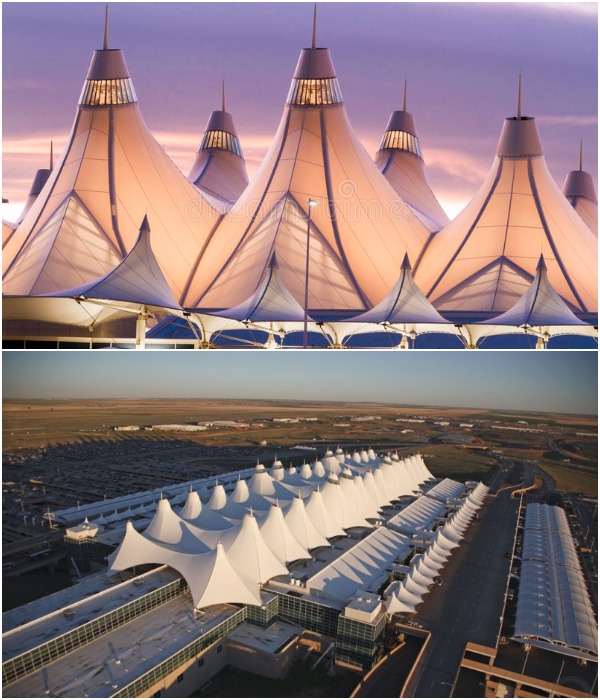 Оригинальная конструкция здания Международного аэропорта Денвера построена по принципу тенсегрити (США).