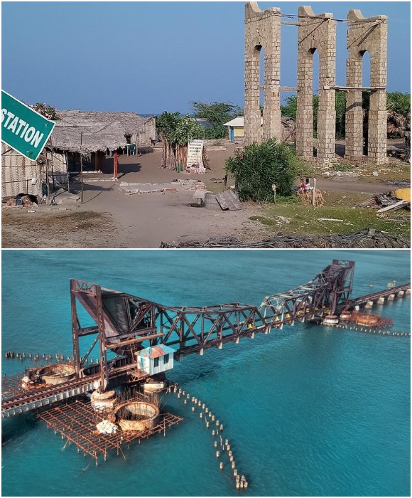 Руины железнодорожного вокзала и полуразрушенного моста, с которого был смыт волной переполненный пассажирский состав (Дханушкоди, Индия).