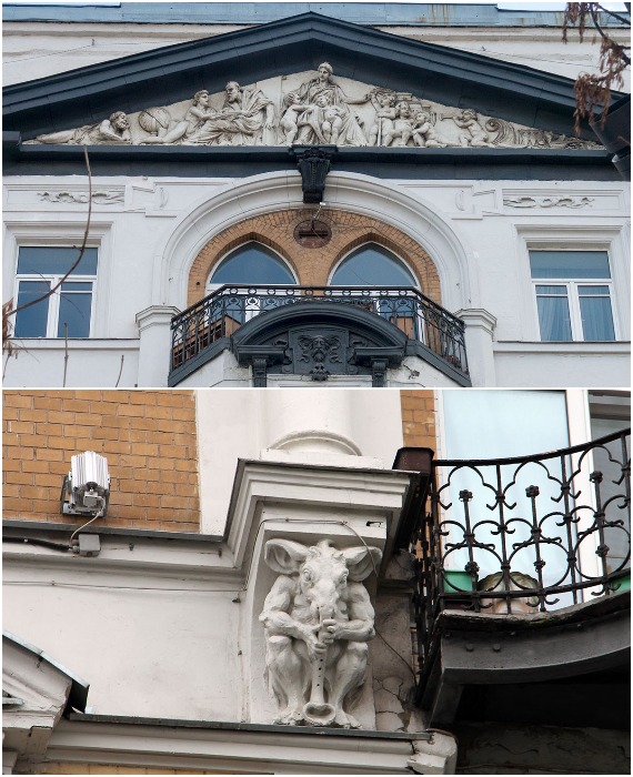 Эффектный декор, присущий готическому стилю, можно увидеть на фасаде здания (Доходный дом страхового общества «Россия», Москва).