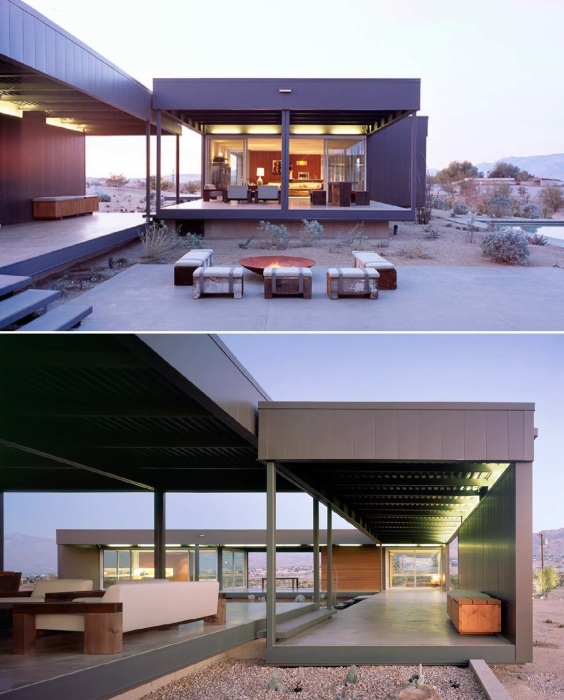 Marmol-Radziner построен из трех типов жилых модулей, внешних платформ, определяющих крытые и открытые зоны отдыха, а также солнцезащитные конструкции (Дезерт-Хот-Спрингс, штат Калифорния).