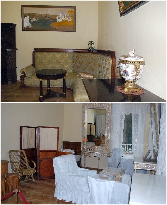 В советское время роскошную дворцовую мебель прятали под белыми чехлами (Усадьба «Ленинские горки»).