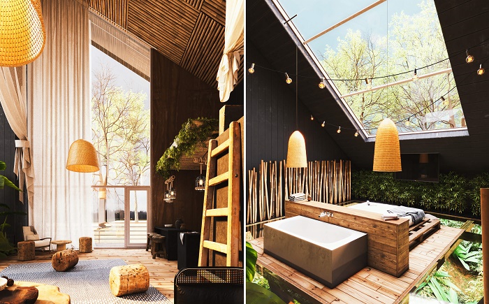Колоритный интерьер из натуральных отделочных материалов поможет создать спокойную умиротворяющую обстановку (Slope House, Бразилия).