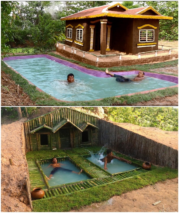 Камбоджийские парни использовали лишь палки, грязь и бамбук, создавая уютные лесные домики с бассейнами вокруг.