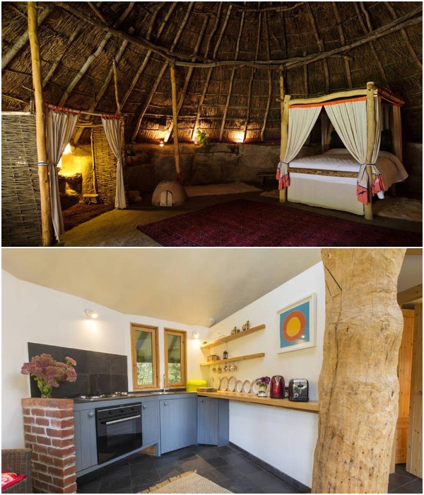 В компактной хижине обустроена лишь колоритная спальня, а вот кухня с ванной и гостиной находится в домике на дереве (The Roundhouse, Великобритания).