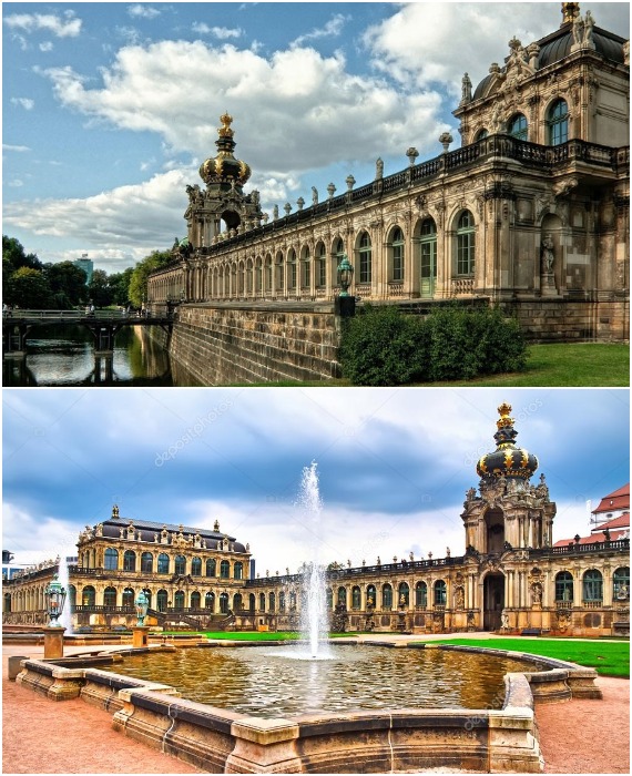 Немецкое барокко, воплощенное в дворцово-парковом ансамбле Dresdner Zwinger, поражает богатым декором фасада всех частей здания (Германия).