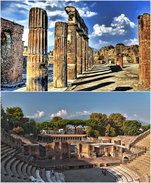 Спустя почти 2 тысячелетия люди могут прогуляться по мощенным улицам и увидеть собственными глазами остатки былой красоты Помпей (Италия). 