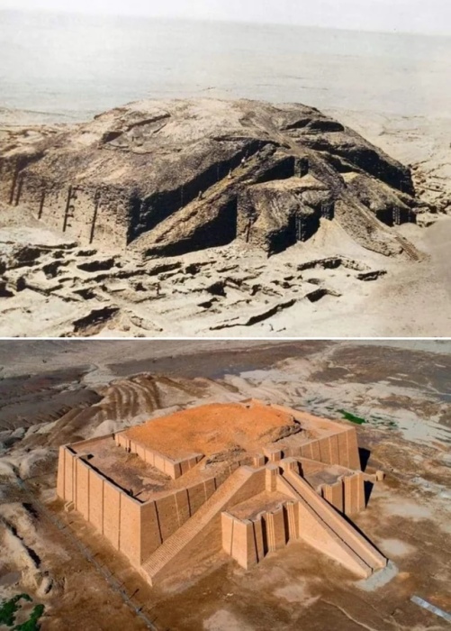 Великий зиккурат Ура во время раскопок и в наши дни после реставрационных работ (Ирак).