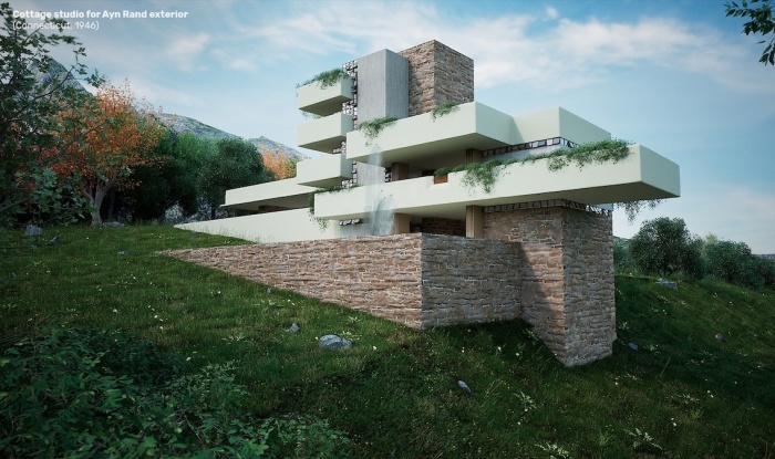 Айн Рэнд пришла в восторг от проекта Райта, но строительство коттеджа так и не началось (3D-рендеринг NeoMam Studios). | Фото: architecturaldigest.com.