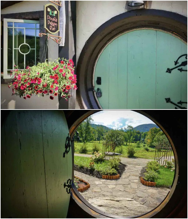 В загородной резиденции в стиле хоббичьей норы неизменно присутствует круглая дверь и роскошная природа вокруг (El Hobbit, Мидлтаун-Спрингс).