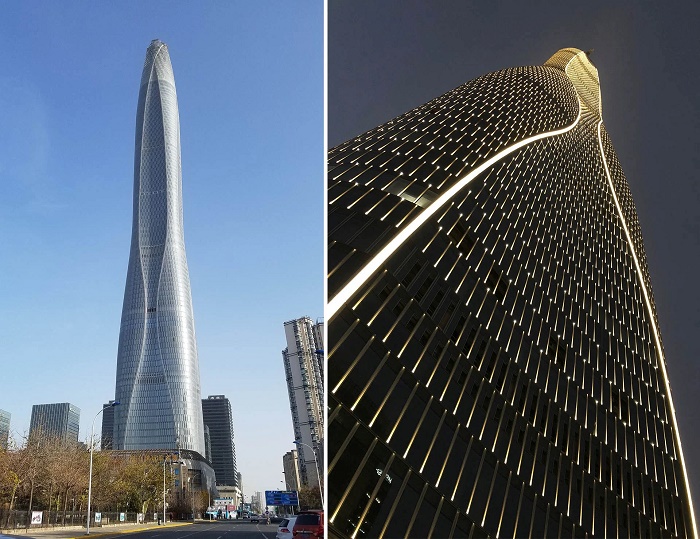 Эффектная кривизна здания и мегаколоны, «обнимающие» конструкцию со всех сторон, помогают противодействовать сильным ветрам (Tianjin CTF Finance Center, Китай).