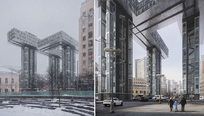 Цифровая реконструкция проекта Лисицкого позволяет «интегрировать» несуществующий объект в современное городское пространство центра Москвы (работа Константина Анохина).