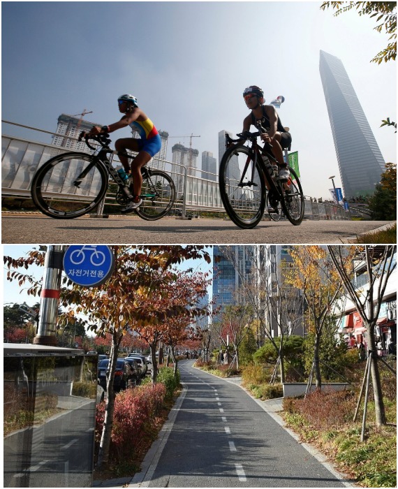 На велодорожках изредка можно увидеть лишь любителей активного отдыха (Songdo IBD, Южная Корея).