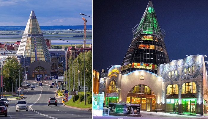 Архитектурный комплекс «Гостиный двор» – внушительный торгово-деловой центр, ярко выделяющийся на фоне городской застройки (Ханты-Мансийск).