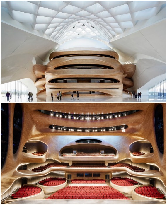 Футуристические формы наложили отпечаток и на оформление интерьеров культурного пространства (Harbin Grand Theatre, Китай).