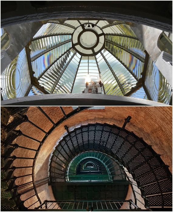 Экскурсанты и постояльцы Heceta Head Lighthouse могут подняться по винтовой лестнице на самую вершину маяка (Орегон, США).