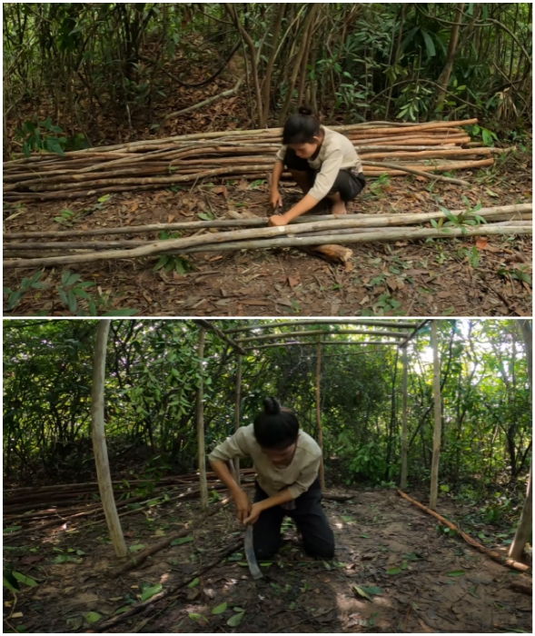 Подготовив материал и ямы для опор, девушка начала сборку каркаса лесной избушки.