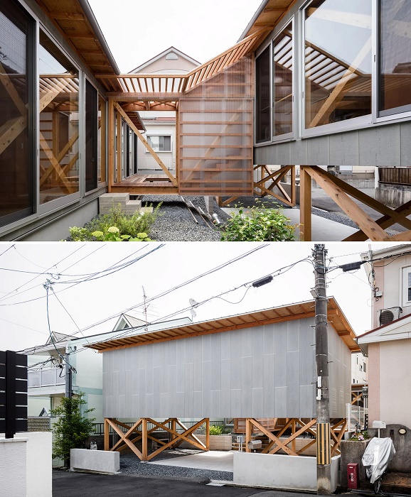 Мостик между двумя половинками дома можно использовать в качестве летней веранды (House in Gakuenmae, Нара).