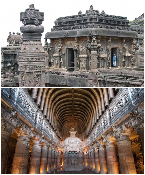 Яркий пример монолитной архитектуры Индии (Пещерные храмы Эллоры, Индия).