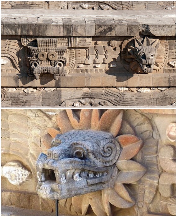 Все грани пирамиды Кетцалькоатля щедро задекорированы, преимущественно изображениями божества в облике пернатого змея (Теотиуакан, Мексика).
