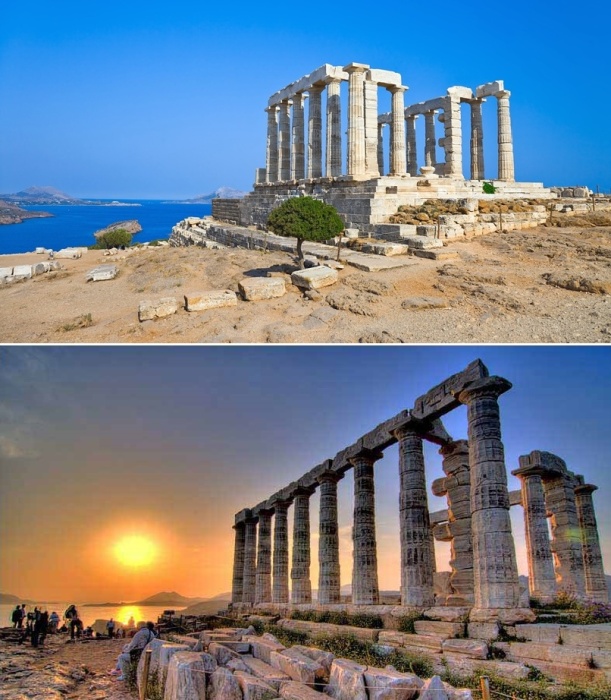 С мыса Сунион, где находится Храм Посейдона, открывается фантастический вид на море и побережье (Греция).