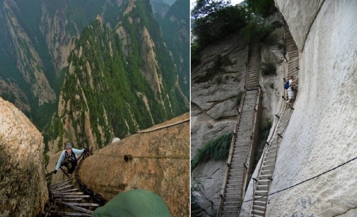 Смельчаки, преодолевающие «небесные тропы», будут вознаграждены захватывающим панорамным видом на горы, реки Хуанхэ и Вэй, а также даосский храм (Hua Shan Mountain, Китай).