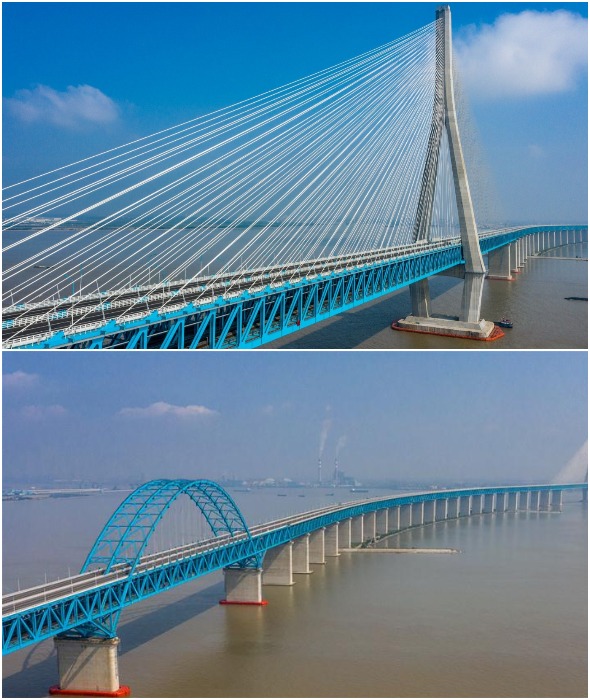 Эффектные опоры стали украшением всей конструкции моста (The Hutong Yangtze River Bridge).