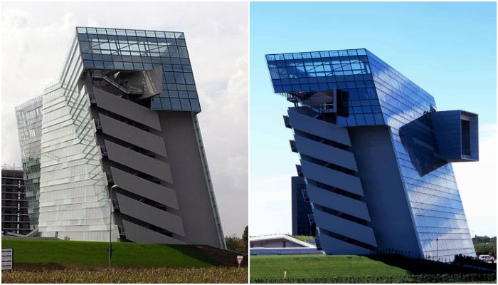 Смелый угол уклона архитектурного комплекса никак не сказывается на условиях работы сотрудников банка (Hypo Alpe-Adria Bank, Италия).