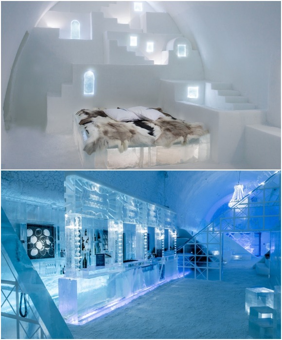 5 месяцев в году гости отеля могут переночевать в ледяном номере и наслаждаться горячительными коктейлями в ледяном баре (Ice Hotel, Швеция).